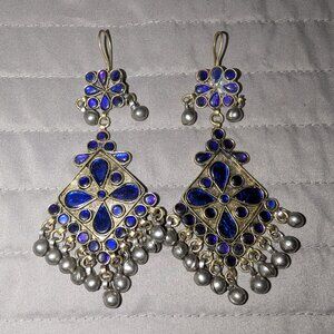 $3 with Bundle ~ Afghan Style Blue Enamel Chandelier Earrings 5886